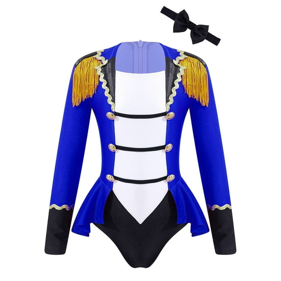 Doomiva Kids Girls Ringmaster Circus Show Halloween Dress-up Long Sleeve Leotard Tuxedo Showman Dancewear Blue 6
