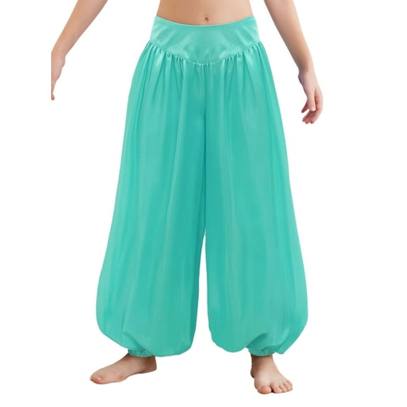 Doomiva Kids Girls Satin Harem Pants Elastic Waist Belly Dance Bloomers Theme Party Dress Up Light Blue 8