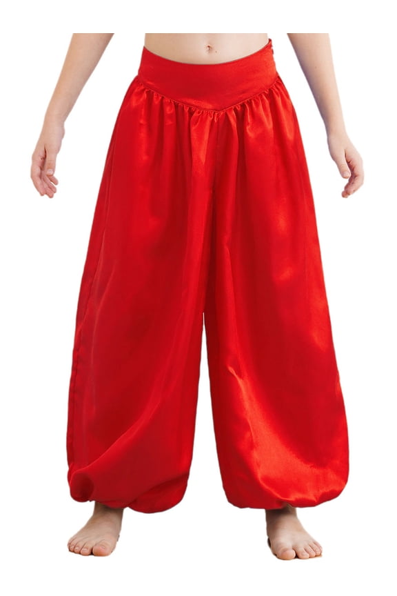 Kids Girls Satin Harem Pants Elastic Waist Belly Dance Bloomers Theme Party Dress Up Red 16