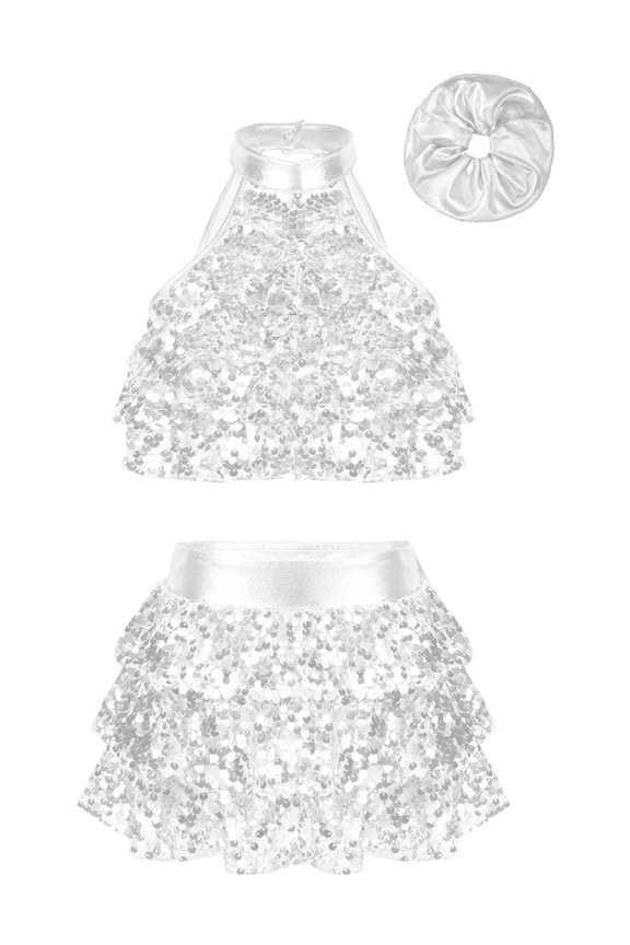 Kids Girls Sequin Ballet Dance Crop Top with Skirt Scrunchies Set Jazz Latin Ballroom Performance Costume Silver 11-12