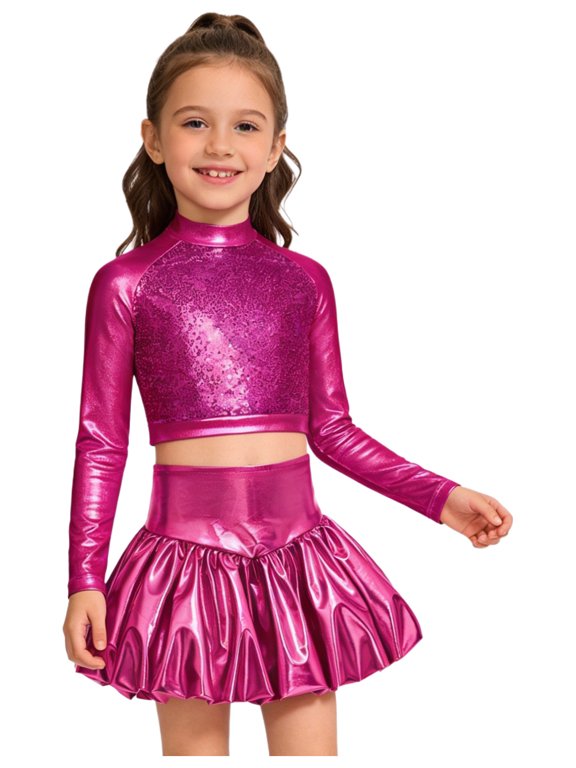 Kids Girls Sequin Dance Performance Outfit Cheer Uniform Rave Party Festival Clothes Crop Top with Bubble Skirt Hot Pink 10