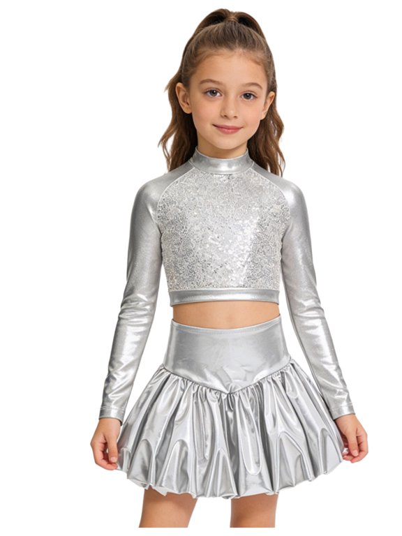 Kids Girls Sequin Dance Performance Outfit Cheer Uniform Rave Party Festival Clothes Crop Top with Bubble Skirt Silver 10