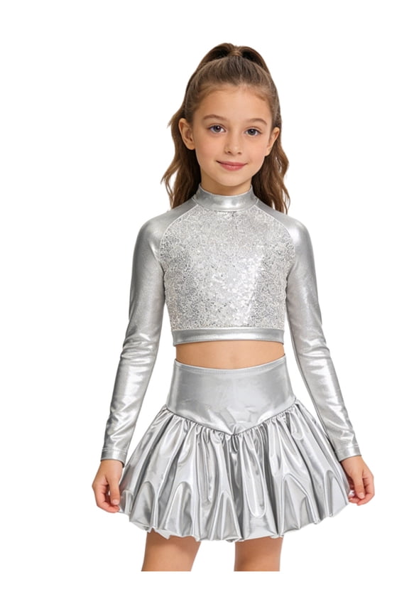Kids Girls Sequin Dance Performance Outfit Cheer Uniform Rave Party Festival Clothes Crop Top with Bubble Skirt Silver 8