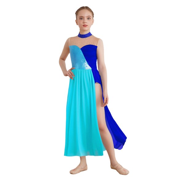 Doomiva Kids Girls Sequin Lyrical Contemporary Dance Dress Sleeveless Color Block Leotard with Sheer Mesh Maxi Skirt Blue 12