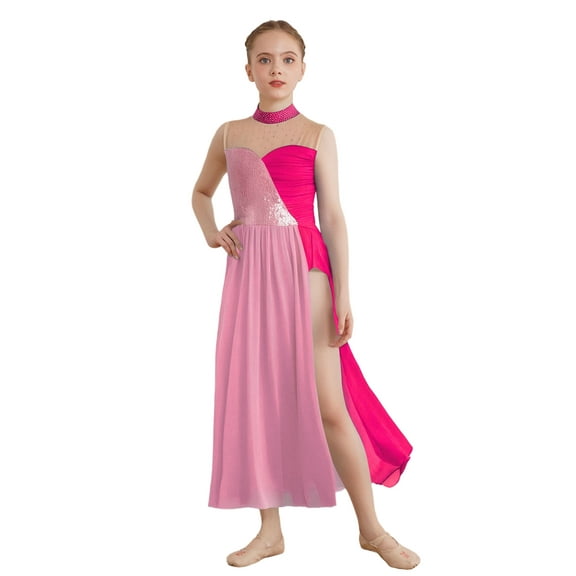 Doomiva Kids Girls Sequin Lyrical Contemporary Dance Dress Sleeveless Color Block Leotard with Sheer Mesh Maxi Skirt Hot Pink 8
