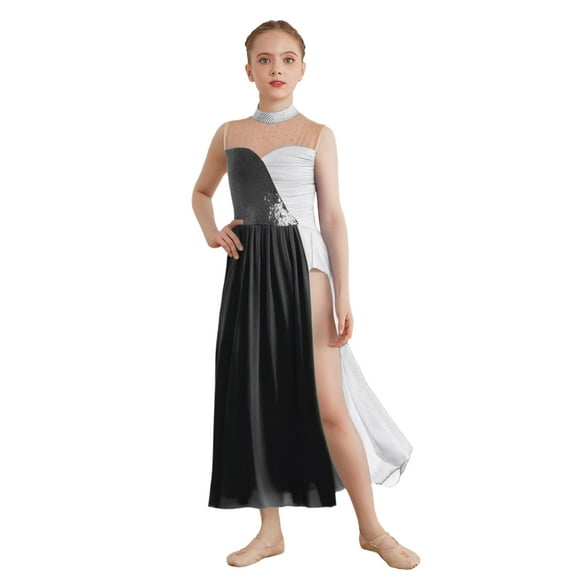 Doomiva Kids Girls Sequin Lyrical Contemporary Dance Dress Sleeveless Color Block Leotard with Sheer Mesh Maxi Skirt White 12