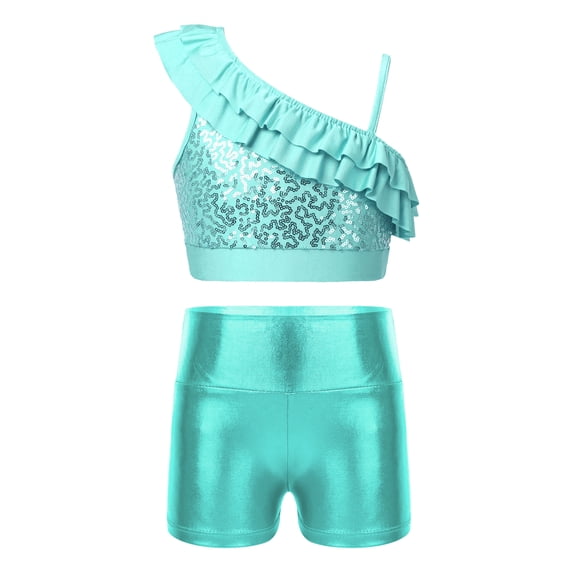 Doomiva Kids Girls Sequin Ruffle Crop Top with Shorts Set Sport Workout Gymnastics Dance Outfit Tracksuit Light Green 14