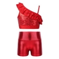 thumbnail image 1 of Doomiva Kids Girls Sequin Ruffle Crop Top with Shorts Set Sport Workout Gymnastics Dance Outfit Tracksuit Red 10, 1 of 7