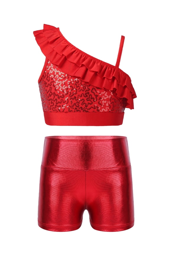 Kids Girls Sequin Ruffle Crop Top with Shorts Set Sport Workout Gymnastics Dance Outfit Tracksuit Red 6
