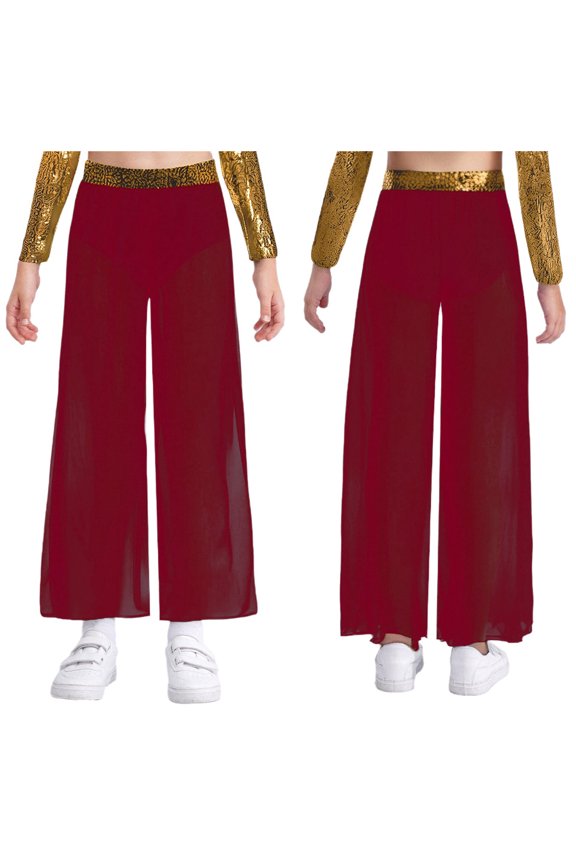 Kids Girls Sequin Waist Mesh Ballet Jazz Hip Hop Dance Pants Disco Party Wide Leg Trousers Performance Bottoms Burgundy 6