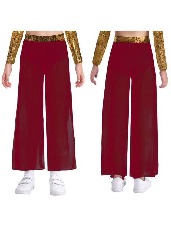 Kids Girls Sequin Waist Mesh Ballet Jazz Hip Hop Dance Pants Disco Party Wide Leg Trousers Performance Bottoms Burgundy 6