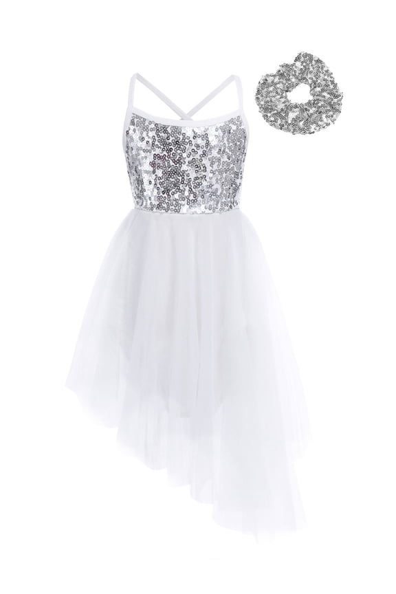 Kids Girls Sequins Ballet Dance Dress Gymnastics Leotard Dresses with Hairband for Stage Ivory S