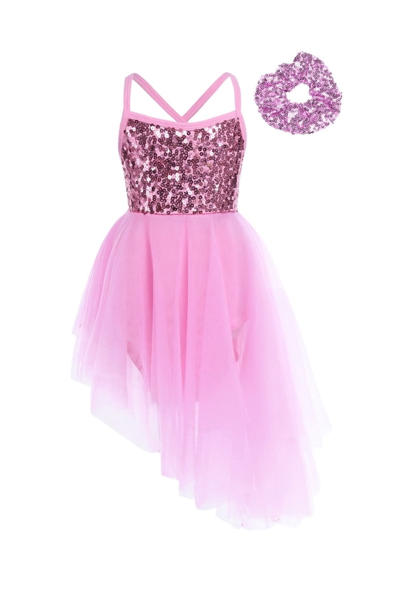 Kids Girls Sequins Ballet Dance Dress Gymnastics Leotard Dresses with Hairband for Stage Pink XL