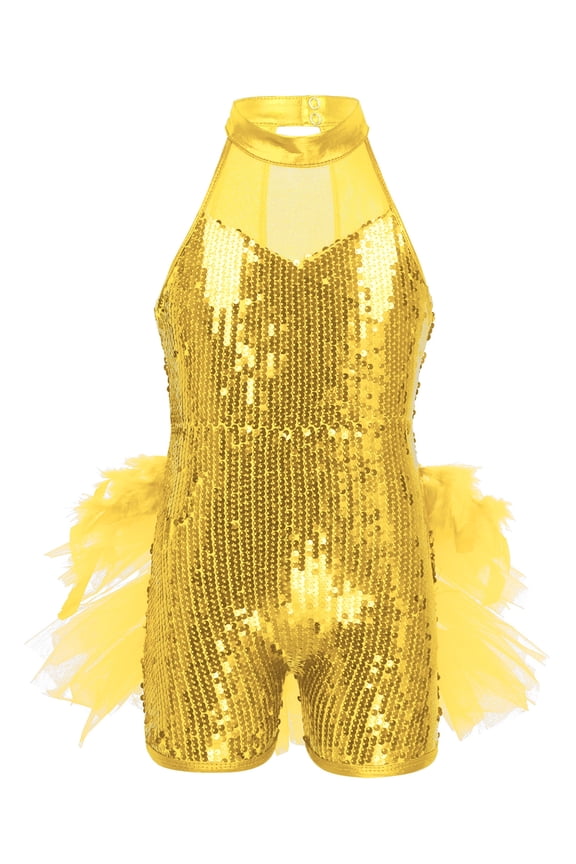 Kids Girls Sequins Ballet Dance Dress Jazz Latin Tutu Skirted Leotard Ballerina Gymnastics Dancewear Yellow 8