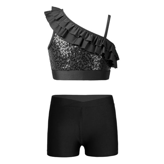 Doomiva Kids Girls Sequins Ballet Jazz Hip Hop Modern Belly Dance Costume Ruffle Crop Top with Shorts Set Dancewear Black 14