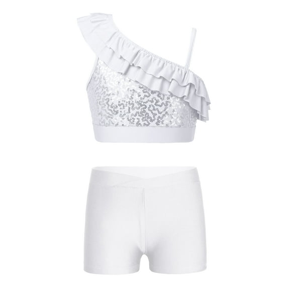 Doomiva Kids Girls Sequins Ballet Jazz Hip Hop Modern Belly Dance Costume Ruffle Crop Top with Shorts Set Dancewear White 8