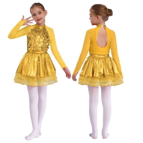 Doomiva Kids Girls Sequins Camisole Skirt Ballerina Cos tume Ballet Dance Leotard Modern Stage Performance Outfit Yellow 6