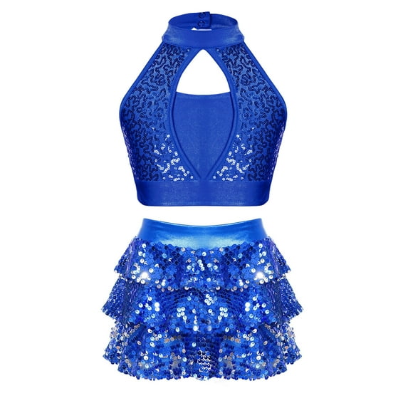Doomiva Kids Girls Sequins Dance Crop Top Vest with Ruffle Skirted Shorts Jazz Latin Hip Hop Ballet Dancewear Royal Blue 12