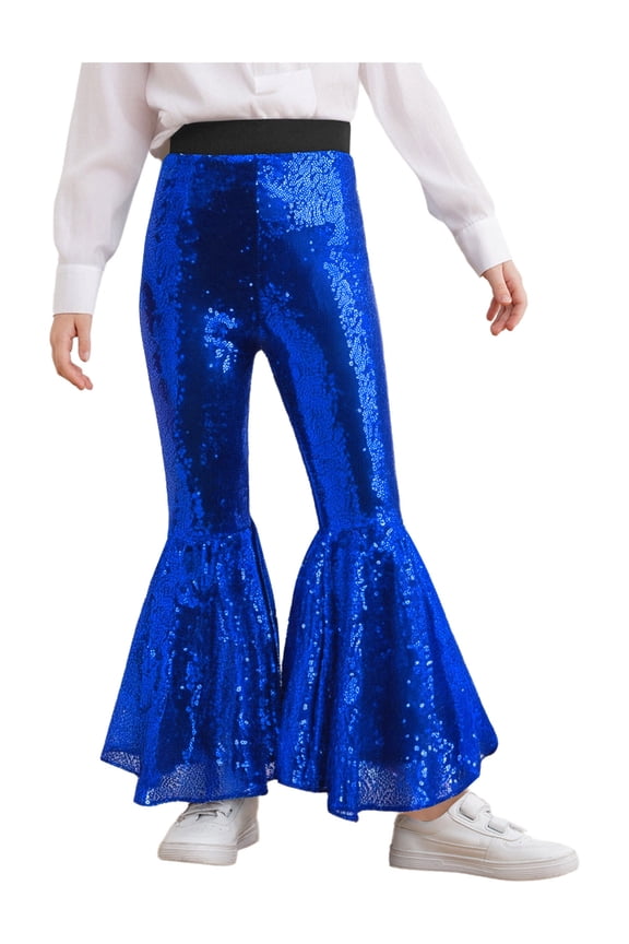 Kids Girls Sequins Jazz Disco Dance Bell Bottoms Pants Sparkly Glitter 70s Flare Trousers Performance Dancewear Blue 130