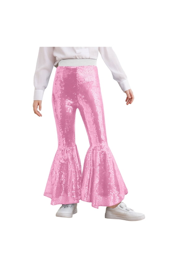 Kids Girls Sequins Jazz Disco Dance Bell Bottoms Pants Sparkly Glitter 70s Flare Trousers Performance Dancewear Pink 150