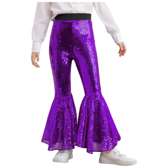 Doomiva Kids Girls Sequins Jazz Disco Dance Bell Bottoms Pants Sparkly Glitter 70s Flare Trousers Performance Dancewear Purple 150