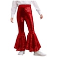 thumbnail image 1 of Doomiva Kids Girls Sequins Jazz Disco Dance Bell Bottoms Pants Sparkly Glitter 70s Flare Trousers Performance Dancewear Red 150, 1 of 5