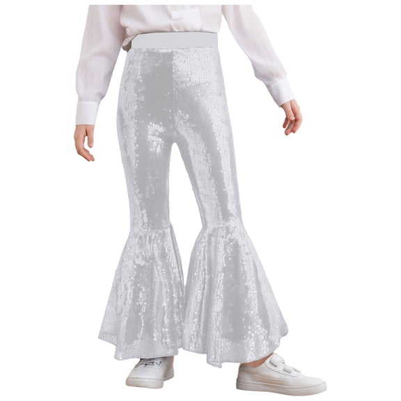 Doomiva Kids Girls Sequins Jazz Disco Dance Bell Bottoms Pants Sparkly Glitter 70s Flare Trousers Performance Dancewear Silver 150