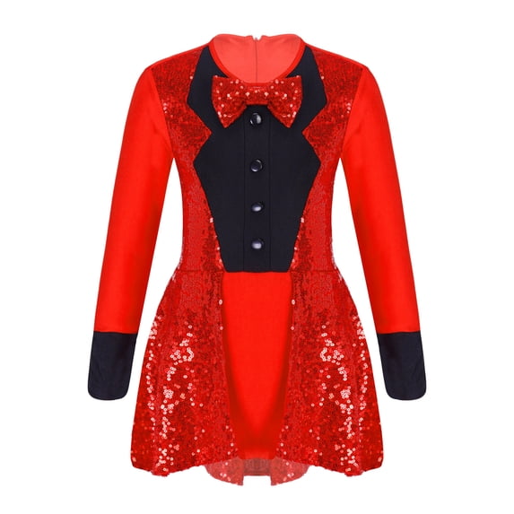 Doomiva Kids Girls Sequins Modern Jazz Dance Dress Long Sleeve Bowtie Leotard Ringmaster Tuxedo Tailcoat Red 4