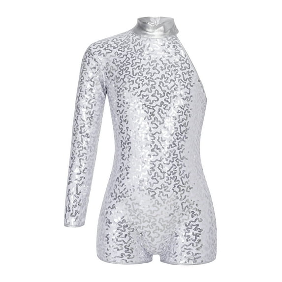 Doomiva Kids Girls Sequins Single Long Sleeve Ballet Jazz Latin Dance Leotard Biketard Unitard Dancewear Silver 12