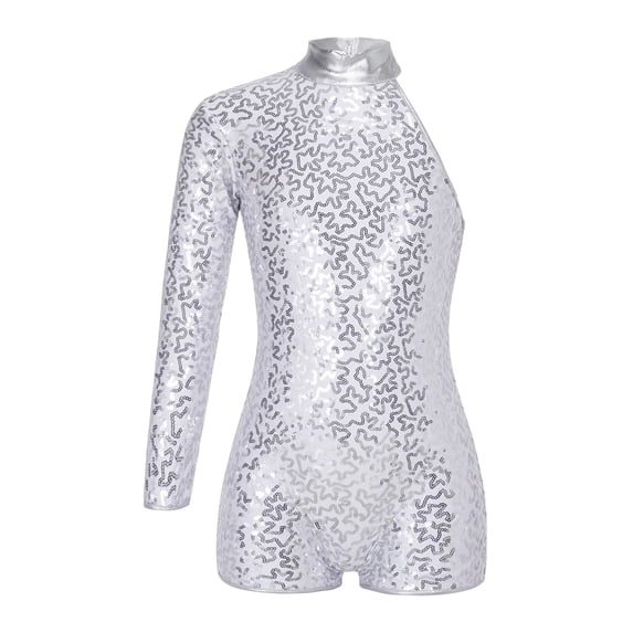 Doomiva Kids Girls Sequins Single Long Sleeve Ballet Jazz Latin Dance Leotard Biketard Unitard Dancewear Silver 8