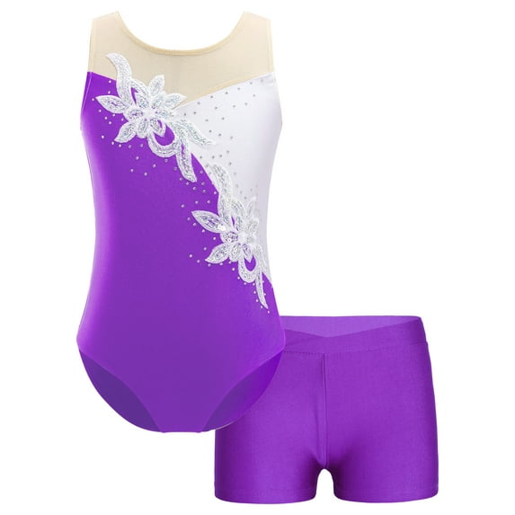 Doomiva Kids Girls Sequins Sleeveless Floral Ballet Dance Gymnastic Leotard with Shorts Set Dancewear Purple 14