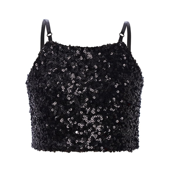 Doomiva Kids Girls Sequins Spaghetti Straps Crop Tank Top Sleeveless Camisole Modern Jazz Hip Hop Performance Vest Shirt A Black 130
