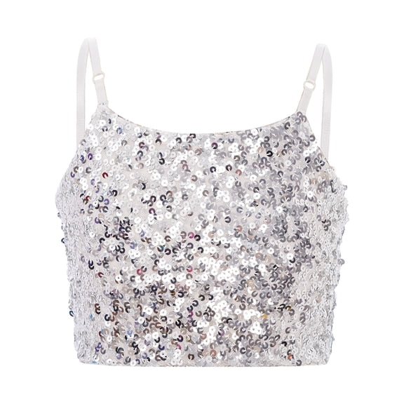 Doomiva Kids Girls Sequins Spaghetti Straps Crop Tank Top Sleeveless Camisole Modern Jazz Hip Hop Performance Vest Shirt A Silver 130