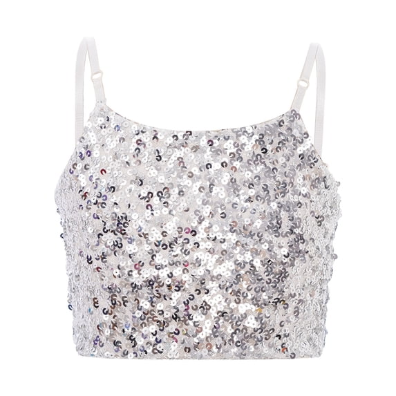 Doomiva Kids Girls Sequins Spaghetti Straps Crop Tank Top Sleeveless Camisole Modern Jazz Hip Hop Performance Vest Shirt A Silver 170