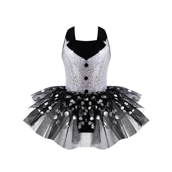 Doomiva Kids Girls Sequins Straps Back Tuxedo Ballet Leotard Tutu Dress Jazz Latin Modern Dance Costume A Silver 16