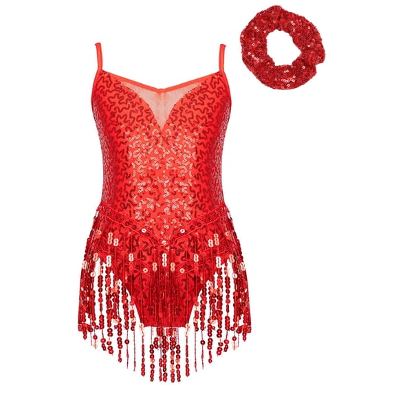Doomiva Kids Girls Sequins Tassel Tango Latin Jazz Modern Ballet Dance Dress Ballroom Costume with Hair Band Red 14