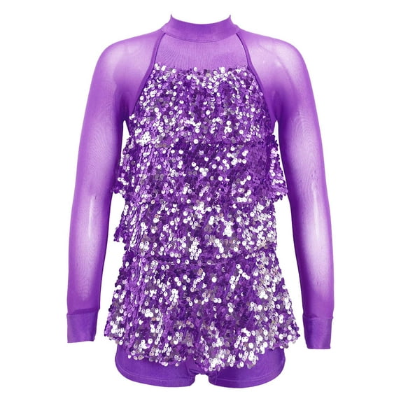 Doomiva Kids Girls Sequins Tiered Ballet Leotard Dress Jumpsuit Hip-Hop Jazz Latin Modern Dance Costume Dancewear Purple 12