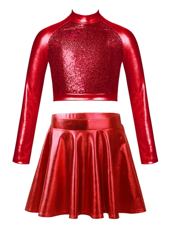 Kids Girls Shiny Ballet Jazz Hip Hop Latin Street Dance Outfits Long Sleeve Crop Top with Skater Skirt Set A Red 6