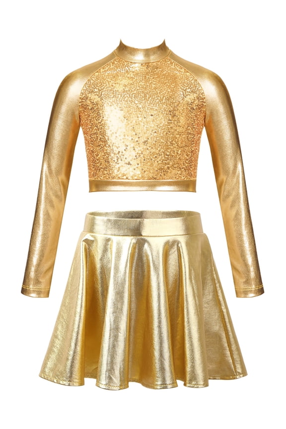 Kids Girls Shiny Ballet Jazz Hip Hop Latin Street Dance Outfits Long Sleeve Crop Top with Skater Skirt Set Gold 12