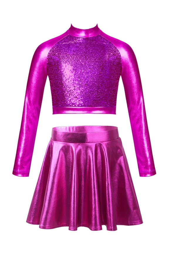 Kids Girls Shiny Ballet Jazz Hip Hop Latin Street Dance Outfits Long Sleeve Crop Top with Skater Skirt Set Hot Pink 8