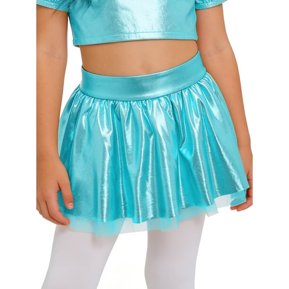 Doomiva Kids Girls' Shiny Dance Scooter Skirts Metallic Skater Skorts Performance Dance Outfits Sparkly Tutu Light Blue 10