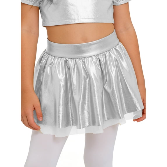 Doomiva Kids Girls' Shiny Dance Scooter Skirts Metallic Skater Skorts Performance Dance Outfits Sparkly Tutu Silver 14