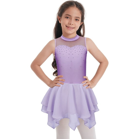 Doomiva Kids Girls Shiny Figure Ice Skating Dance Dress Gymnastic Leotard Tutu Skirt Lyrical Ballet Dance Dress Lavender 10