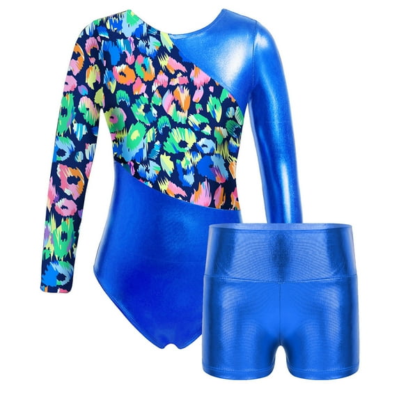 Doomiva Kids Girls Shiny Gymnastics Ballet Dance Sports 2 Pcs Outfit Long Sleeve Leotard with Shorts Activewear Royal Blue 10