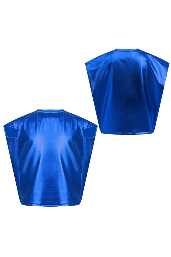 Kids Girls Shiny Hip Hop Street Jazz Dance Shirt Boys Metallic Crew Neck Cap Sleeve Crop Top for Party Blue S