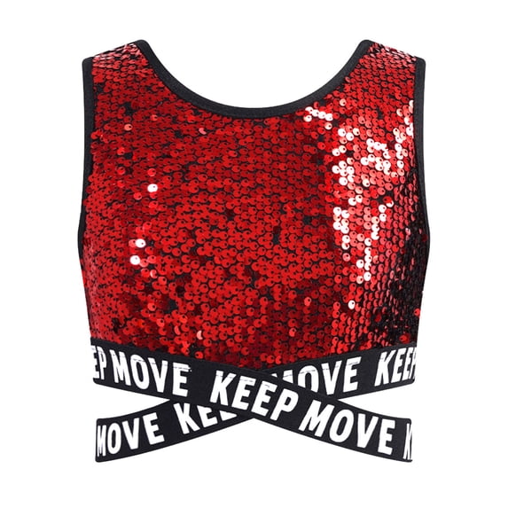 Doomiva Kids Girls Shiny Jazz Hip Hop Dance Tank Tops Sequins Party Vest Glitter Crop Tops Dancewear A Red 10