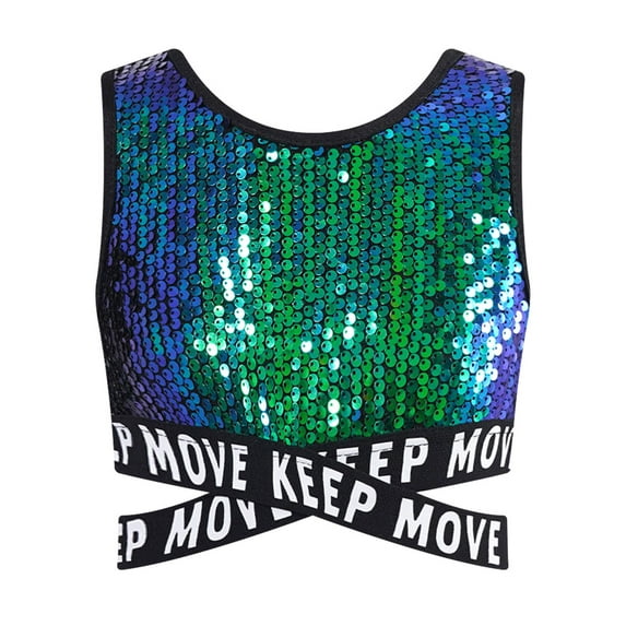 Doomiva Kids Girls Shiny Jazz Hip Hop Dance Tank Tops Sequins Party Vest Glitter Crop Tops Dancewear Green 14