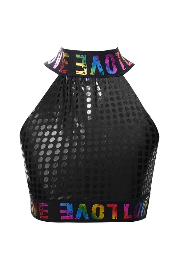 Kids Girls Shiny Letter Print Yoga Sports Bra Jazz Hip Hop Ballet Dance Crop Top Festival Performance Vest Black 2-3