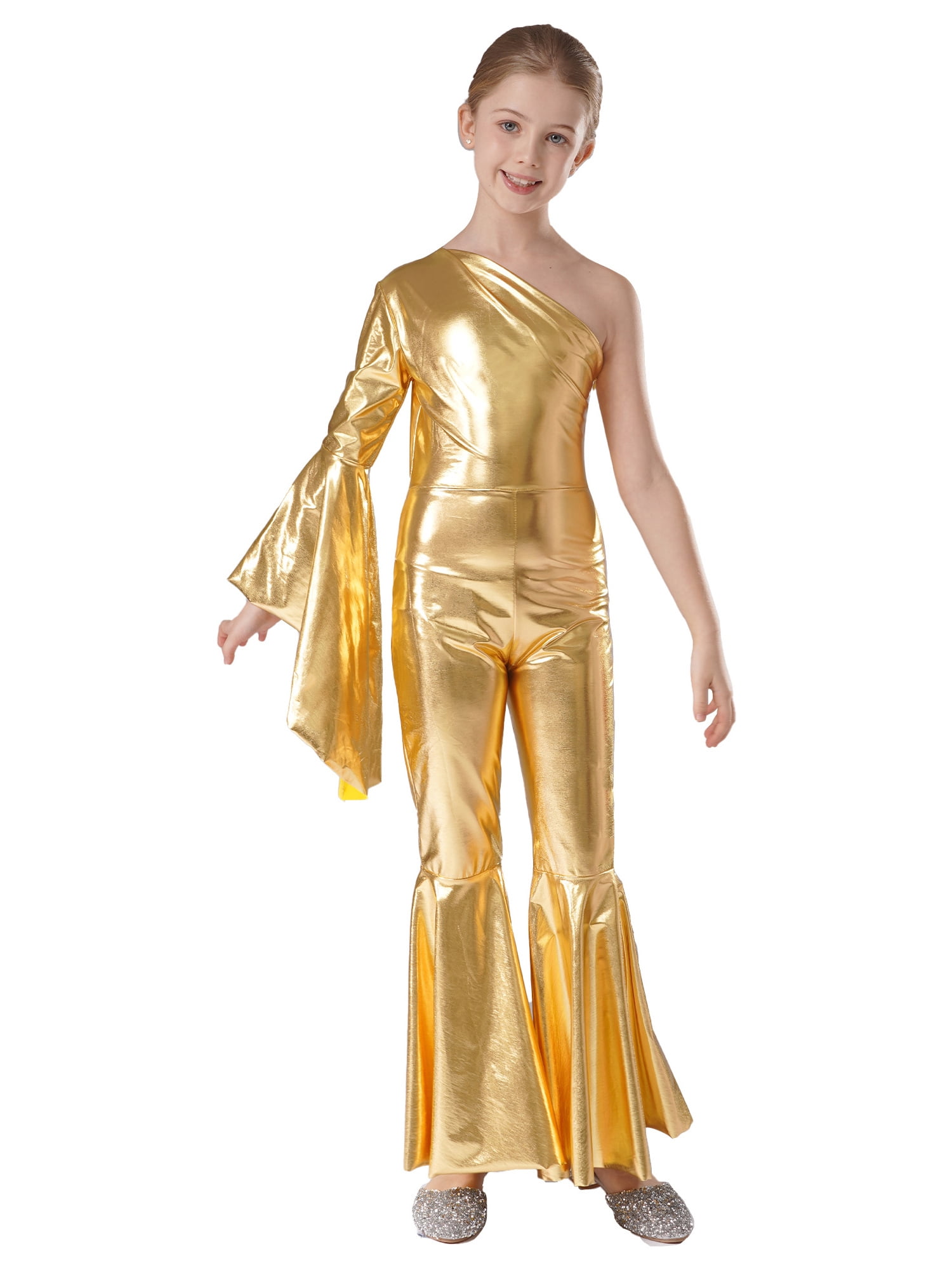 Doomiva Kids Girls Shiny Metallic Dance Jumpsuit One Shoulder Flare ...