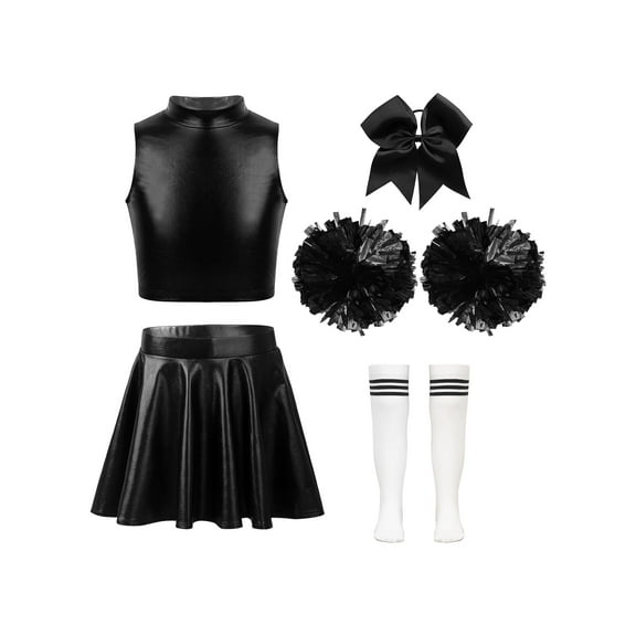 Doomiva Kids Girls Shiny Metallic Jazz Ballet Cheer Dance Crop Top with Pleated Skirt Headwear Hand Flowers Socks A White&Black 10